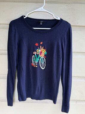 Talbots Petite Navy Sweater w/ Bicycle & Floral Embroidery
